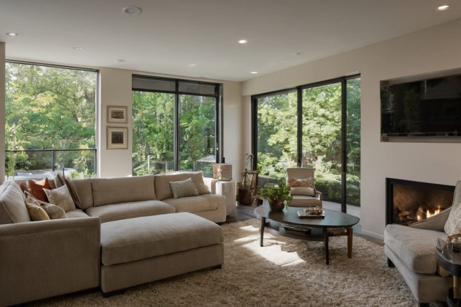 Measure the living room layout before choosing any sofa, rug, or sectional shown in a luxury residential interior
