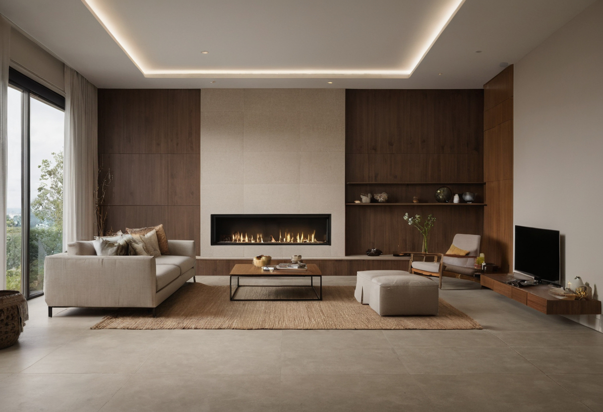 Living-room wall panels must be checked for emissions, durability, cleaning, and repair interior planning detail
