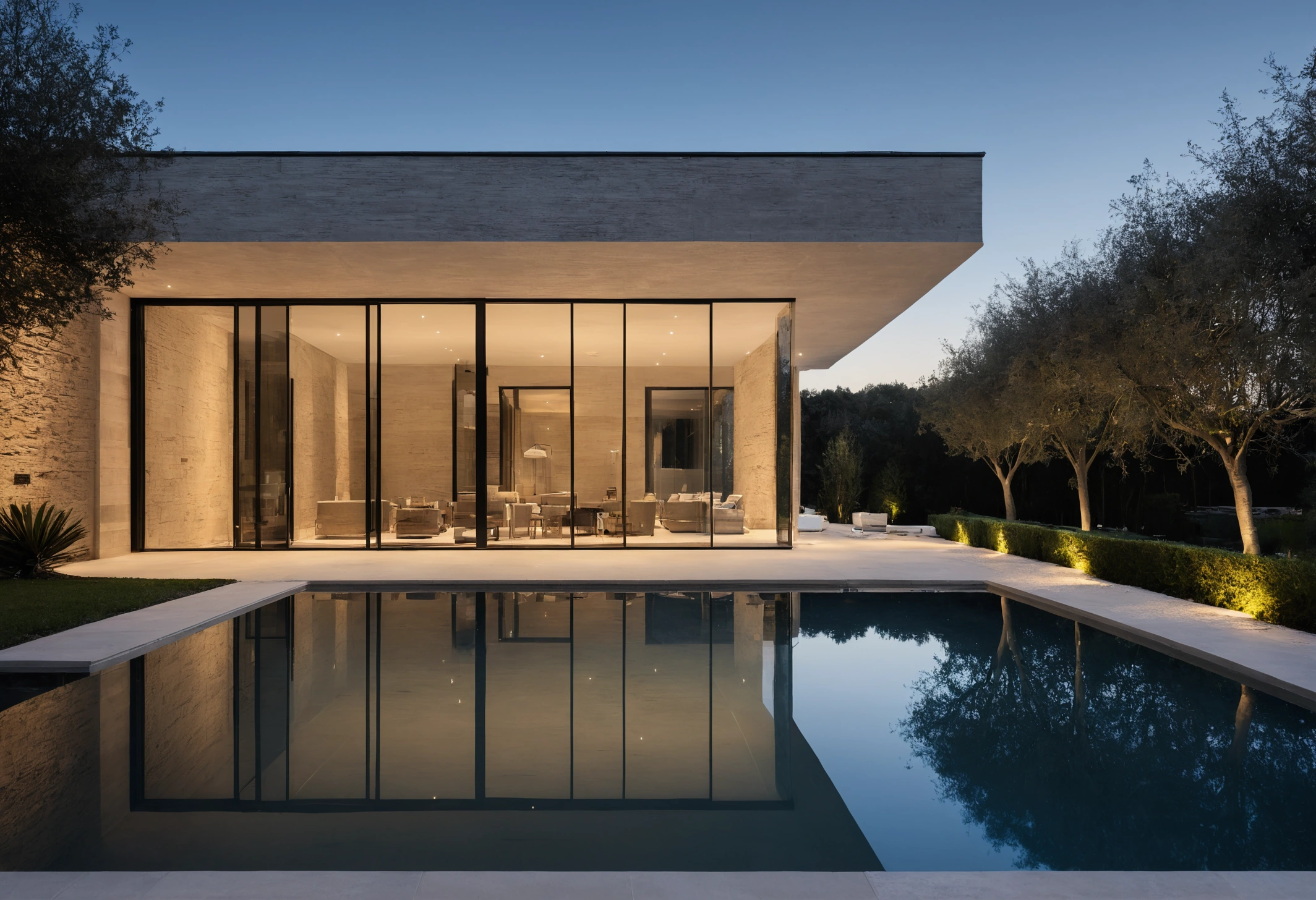 Contemporary prime villa exterior with stone facade, deep overhangs and a reflecting pool at dusk
