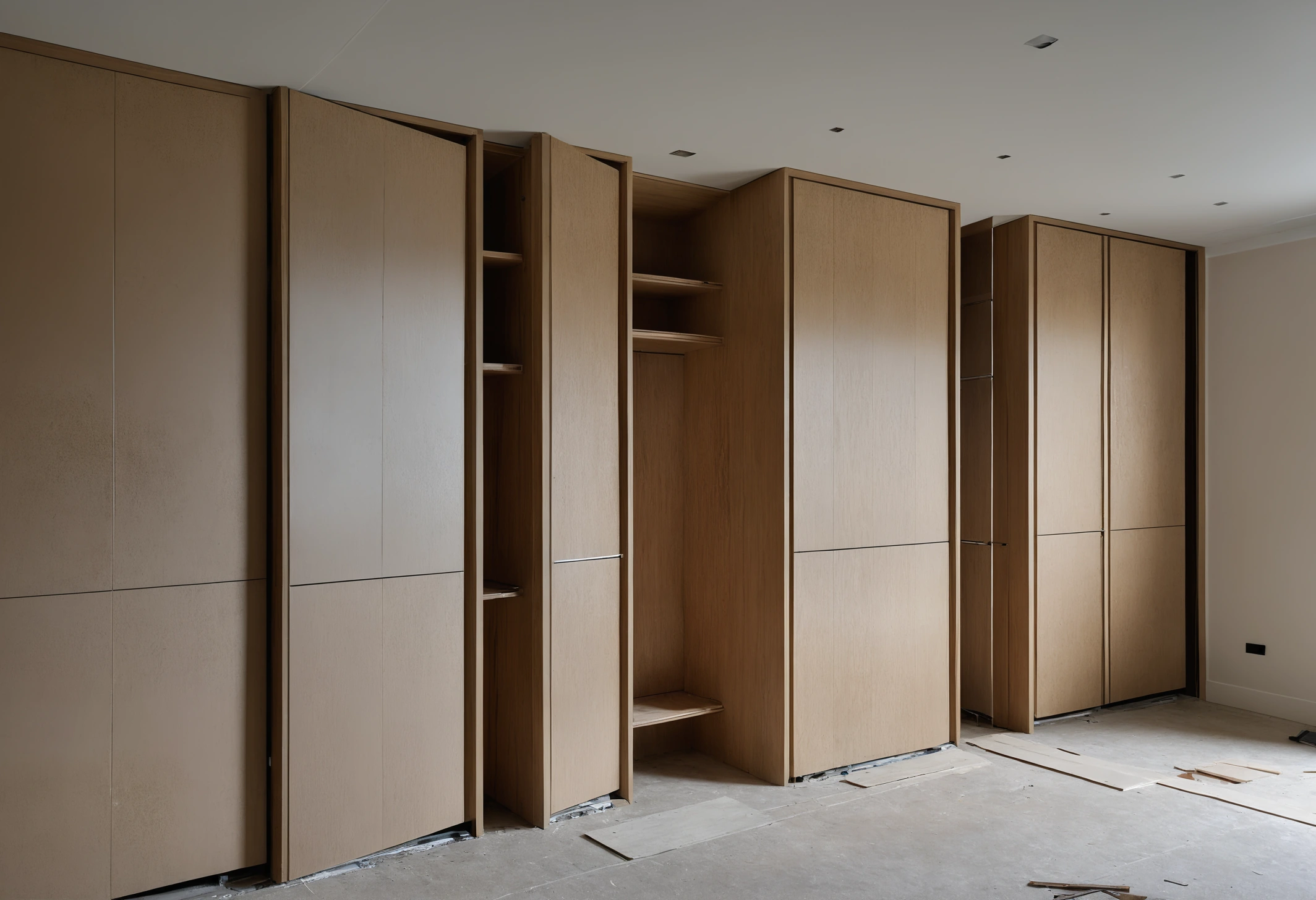 Bespoke veneered joinery being installed against a stone wall in an unfinished prime residence