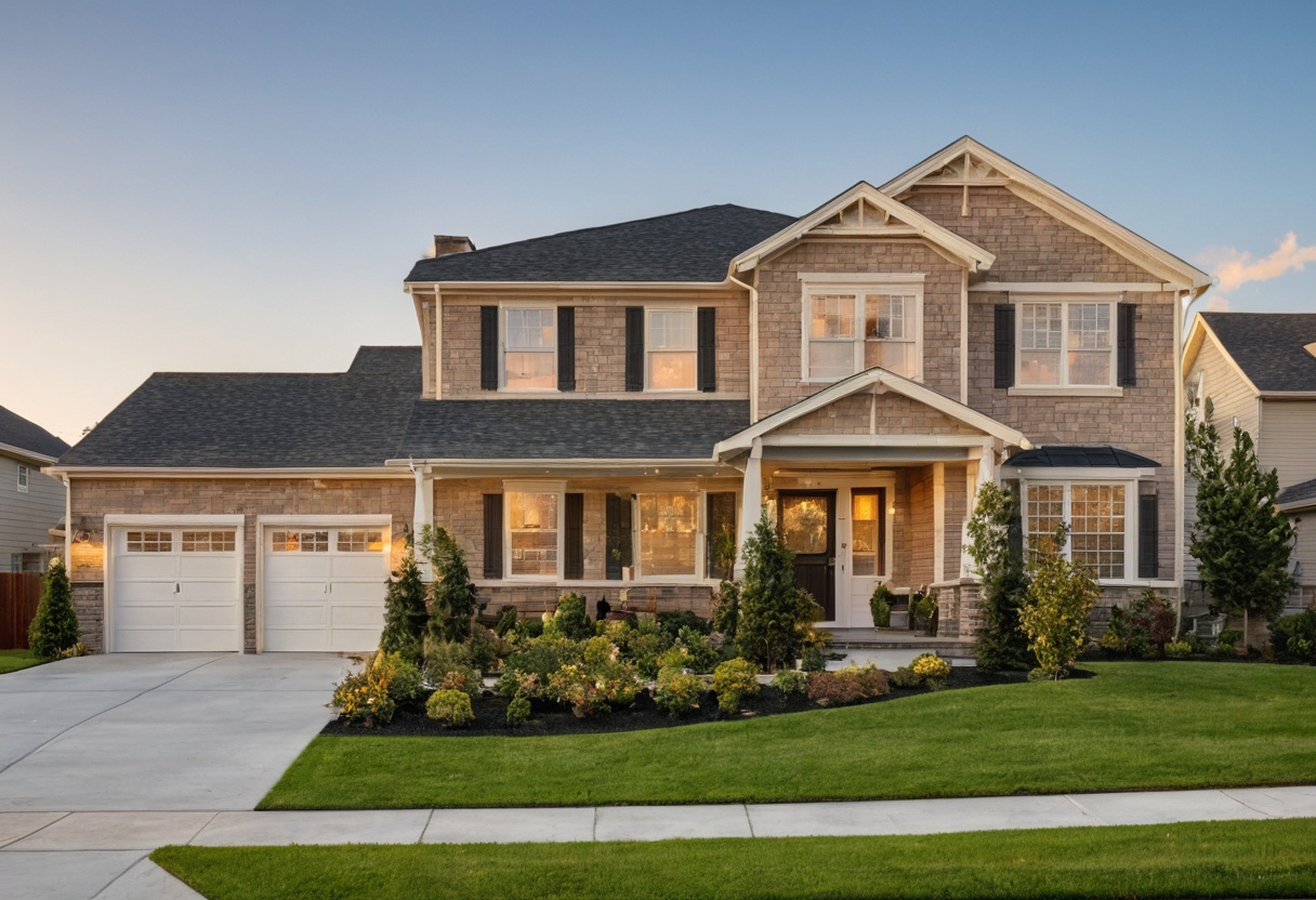 Two-story suburban house exterior with landscaped front yard